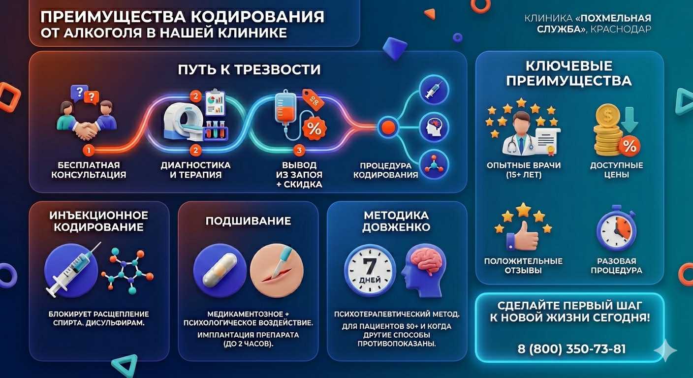 Инфографика о методах кодирования от алкоголя в Алуште: инъекции, подшивание, метод Довженко. Преимущества клиники и этапы лечения.