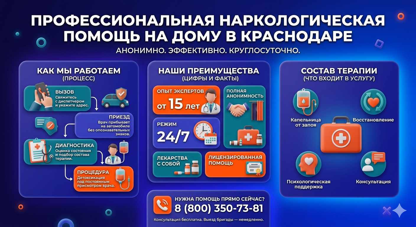 Инфографика о принципах лечения алкоголизма на дому в Алуште: этапы вызова нарколога, преимущества анонимной детоксикации и состав медицинской помощи.